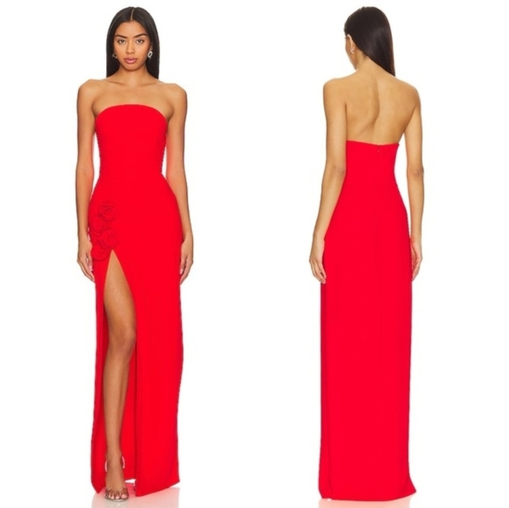 Amanda Uprichard X Revolve Wolfe Rosette Strapless Evening Gown Crimson Red